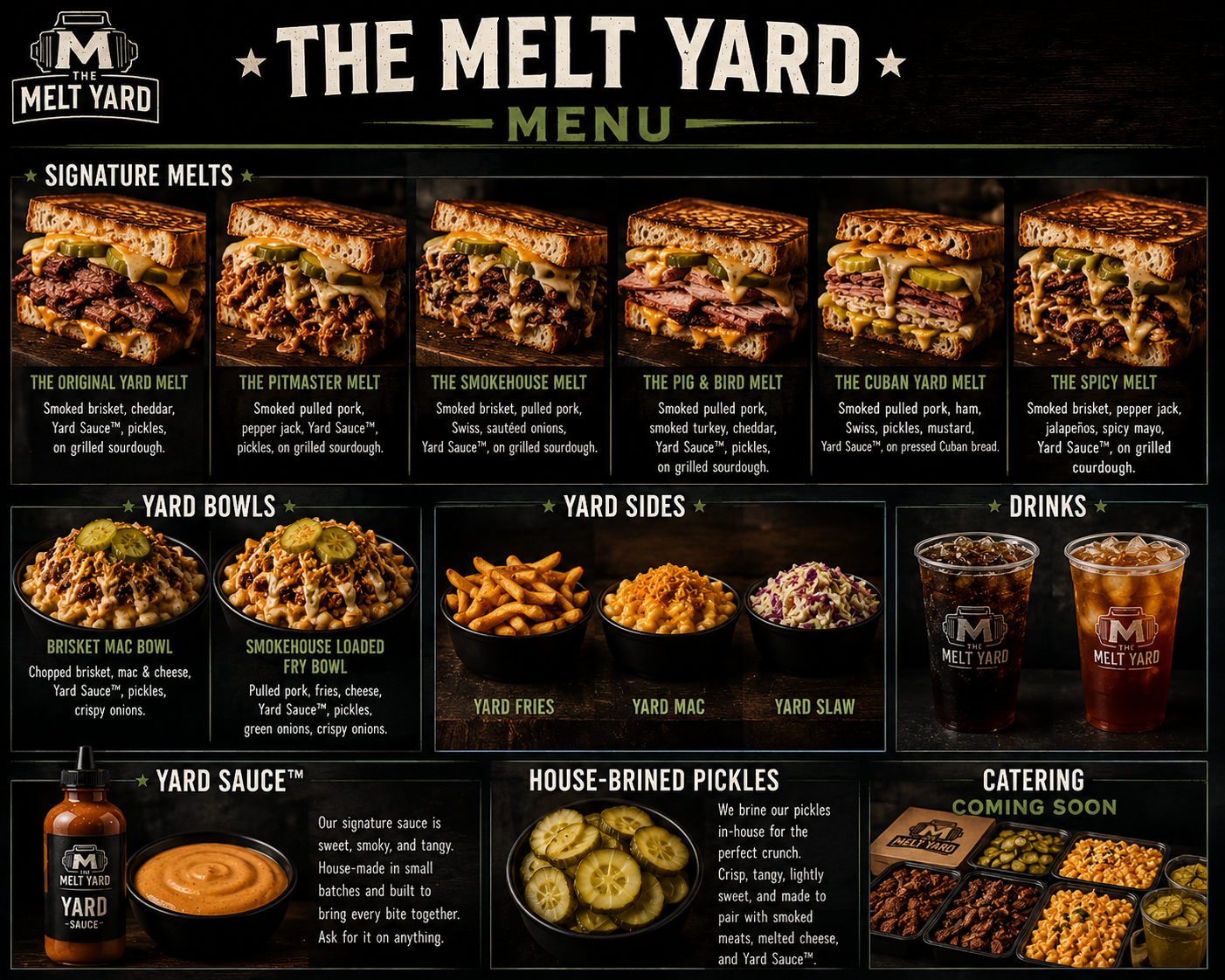 The Melt Yard Full Menu — Signature Melts including The Original Yard Melt, Pitmaster Melt, Smokehouse Melt, Pig & Bird Melt, Cuban Yard Melt, Spicy Melt; Yard Bowls including Brisket Mac Bowl and Smokehouse Loaded Fry Bowl; Yard Sides including Yard Fries, Yard Mac, Yard Slaw; Drinks; Yard Sauce and House-Brined Pickles
